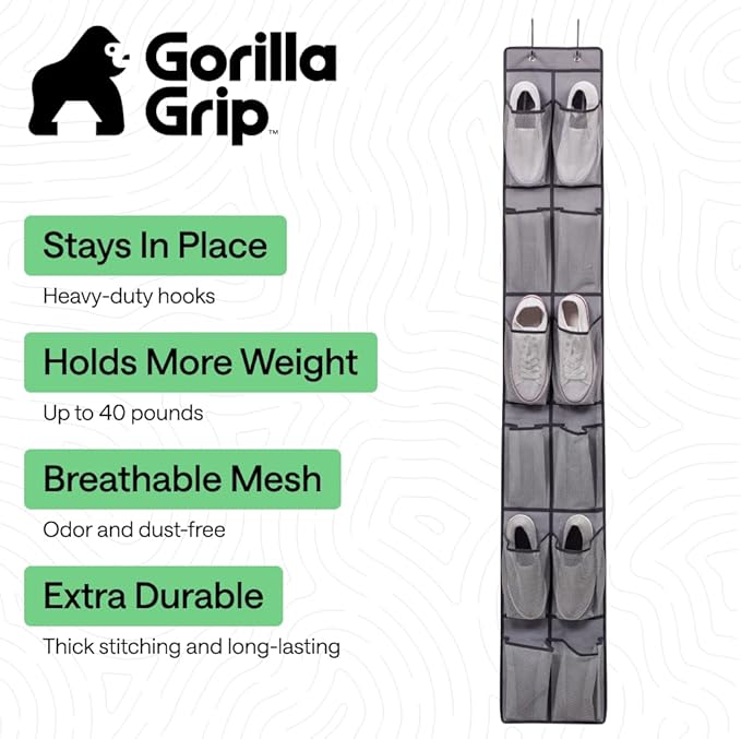 GORILLA GRIP Over the Door Shoe Organizer, 12 Large Breathable Mesh Pockets - Image 2