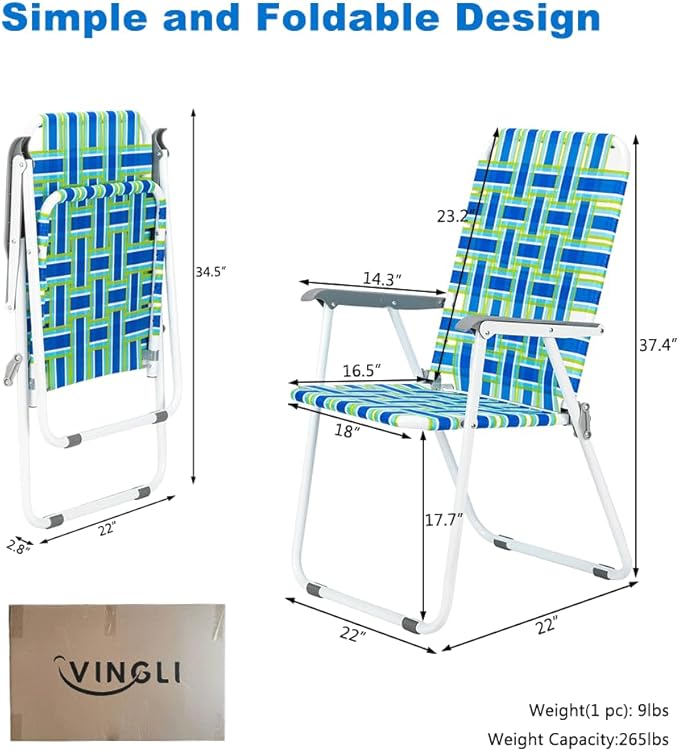 VINGLI Patio Lawn Webbed Folding Chairs Set of 2, Outdoor Beach Portable Lawn Chair Camping Chair Beach Chair for Yard, Garden Dining (Blue, Classic) - Image 6