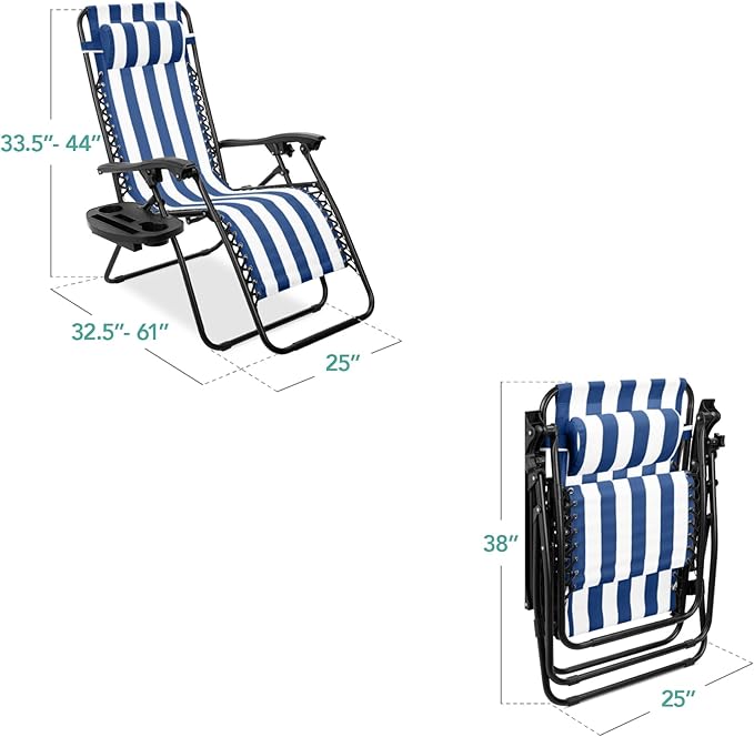 Best Choice Products Set of 2 Adjustable Steel Mesh Zero Gravity Lounge Chair Recliners w/Pillows and Cup Holder Trays - Mediterranean Blue Striped - Image 2