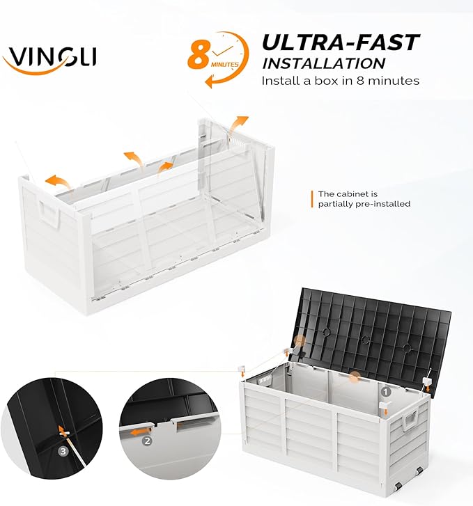 VINGLI 75 Gallon Collapsible Outdoor Storage Box, Simple-to-assemble Plastic Storage Containers with Lid, Patio Deck Box Furniture for Garden, Pool, Balcony, Yard (White) - Image 2
