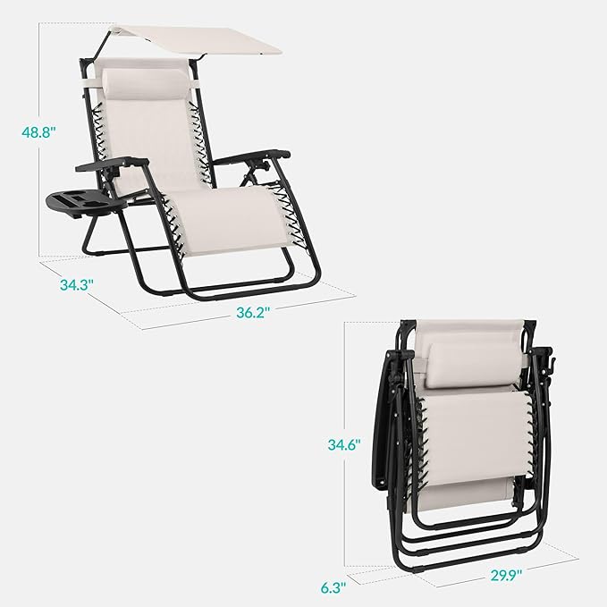 Best Choice Products 30” Wide Folding Zero Gravity Outdoor Recliner Patio Lounge Chair w/Adjustable Canopy Shade, Headrest, Side Accessory Tray - Ivory - Image 2