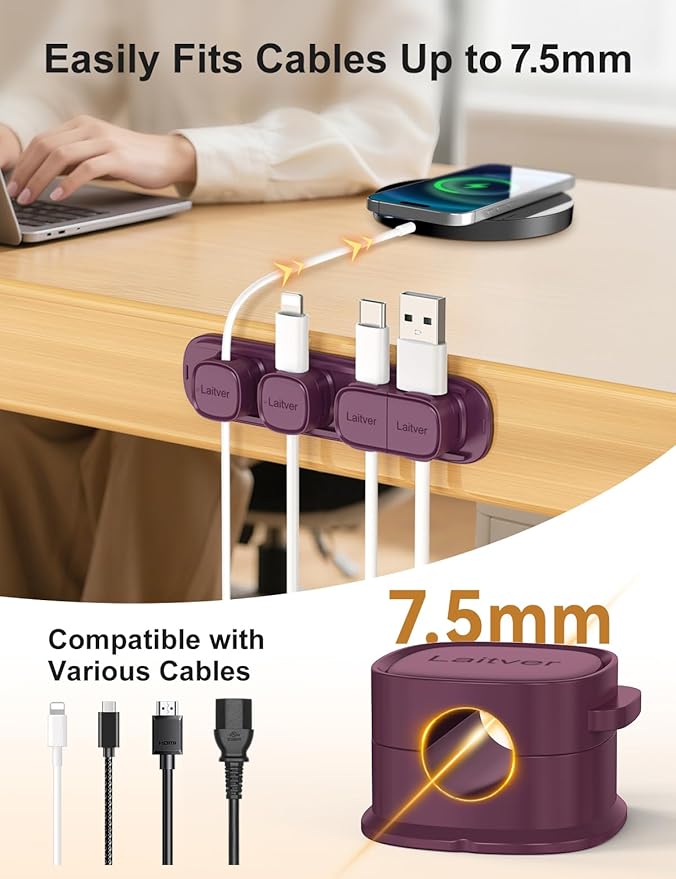 6 Pack Magnetic Cable Clips, Laitver Cord Organizer Holder Strong Adhesive Desk - Image 7