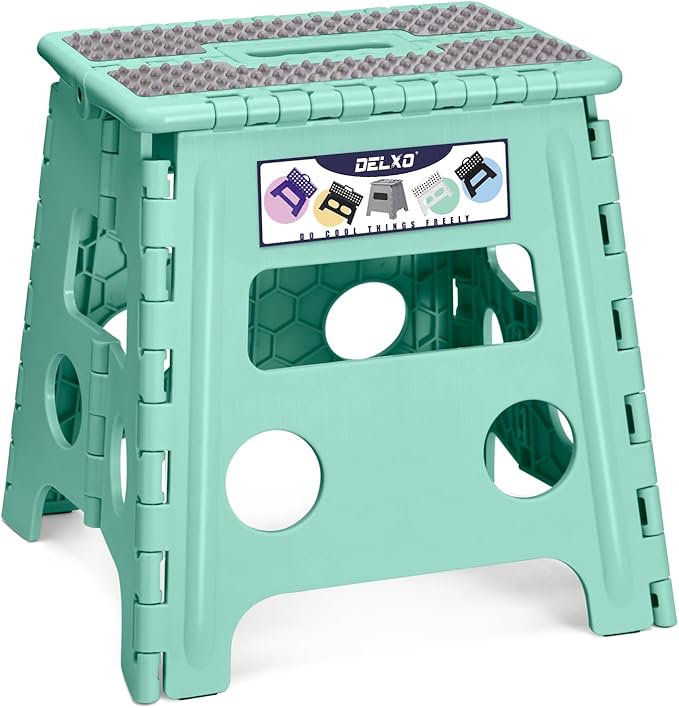 Delxo Folding Step Stool 13 Inch Non-Slip Foldable Stools for Kids & Adults Up to 300 LBS Kitchen Collapsible Fold Up Stepping Stool with Dotted 1 Pack Green by Delxo
