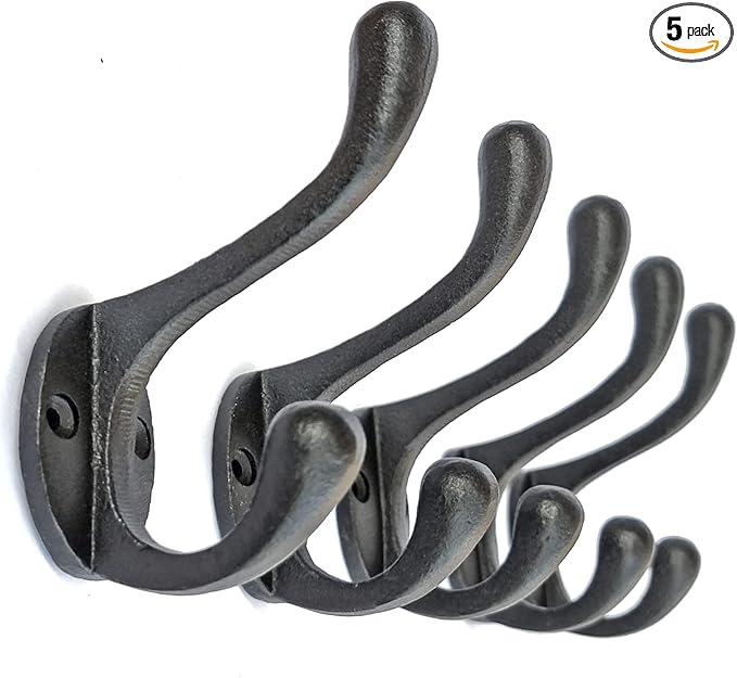 Ambipolar 5 Pack Decorative Cast Iron Heavy Duty Double Hooks, Wall Mounted by Ambipolar