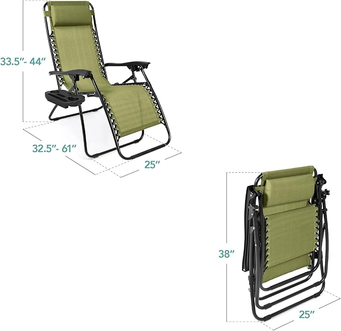 Best Choice Products Set of 2 Adjustable Steel Mesh Zero Gravity Lounge Chair Recliners w/Pillows and Cup Holder Trays - Dusty Green/Black - Image 2