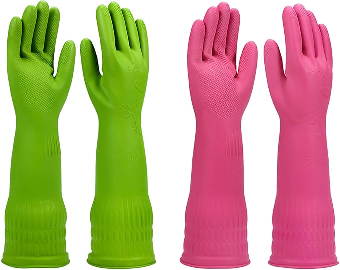 Dishwashing gloves 2 Pairs for kitchen, Rubber cleaning gloves, Long dish by IUCGE