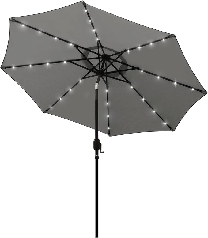 Blissun 9 ft Solar Umbrella, 32 LED Lighted Patio Umbrella, Table Market Umbrella, Outdoor Umbrella for Garden, Deck, Backyard, Pool and Beach (Grey) by Blissun