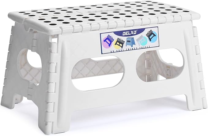 Delxo 9 Inch Folding Step Stool for Kids and Adults,15-Inch Extra Wide Height Large Platform Heavy Duty Stepping Stool More Safe and Comfortable Non Slip Foldable Step Stool White by Delxo