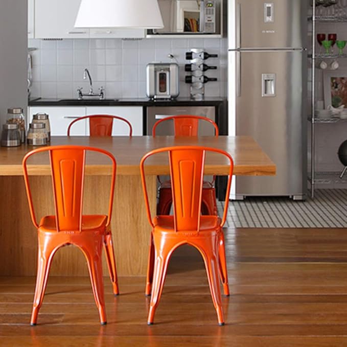 FDW | Set of 4 Metal Dining Chairs | Orange | Stackable Tolix Side Chairs with Backrest | Scratch-Resistant | Non-Slip Feet | Indoor/Outdoor Use | 330 lbs Capacity | Ideal for Kitchen & Restaurant - Image 6