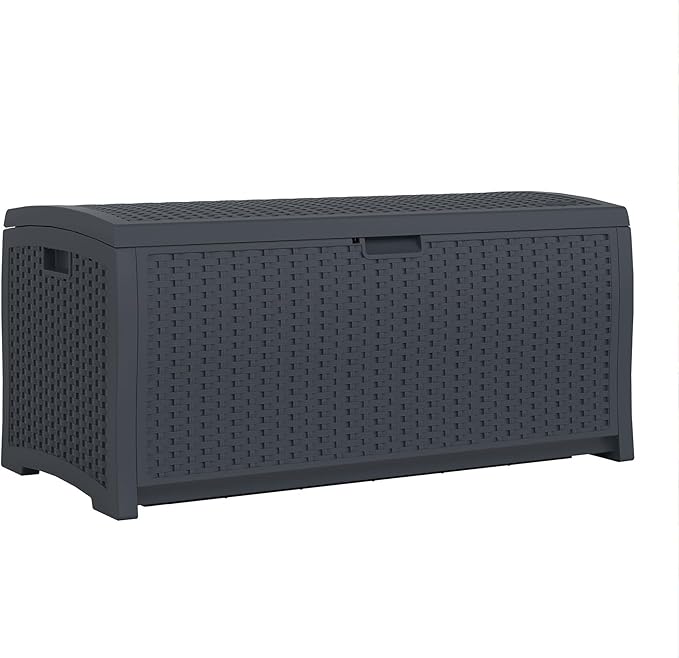 Suncast Outdoor Storage Box - 73 Gallon Cyberspace Resin Wicker Deck Box with Lockable Lid, Outdoor Storage Bin for Patio Cushions, Shoes, Pool & Garden Gear, Made in USA by Suncast