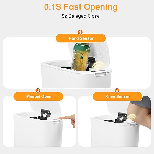Bathroom Trash Can with Lid 5 Gallon White Motion Senor Touchless Automatic - Image 6