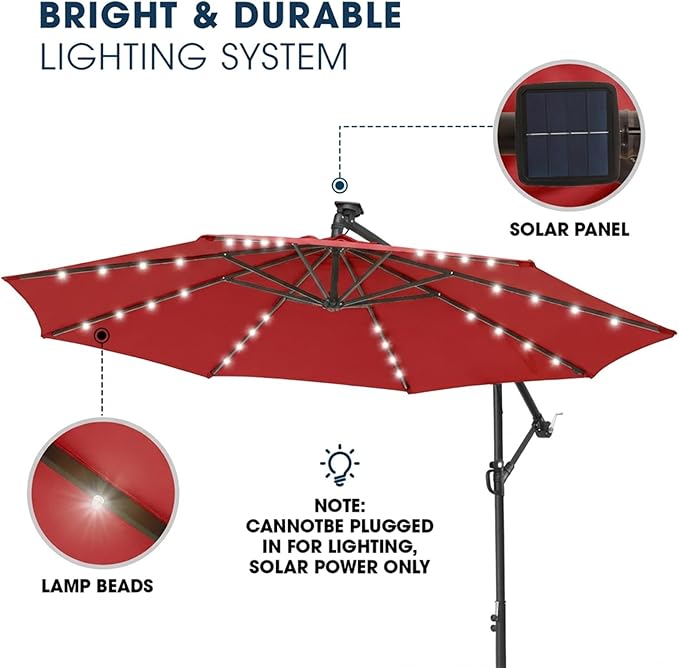 wikiwiki 10ft Solar LED Patio Umbrella with Base Included, Offset Umbrella with Weighted Sandbag Base, Cantilever Patio Umbrellas for Backyard, Garden & Deck, 32 LED Lights & Polyester Shade, Red - Image 3