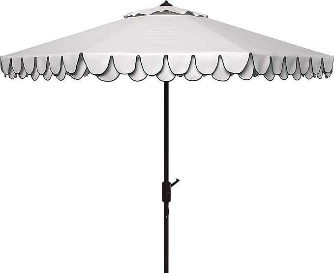 SAFAVIEH 9ft Outdoor Patio Umbrella, Round, Valance, Ivory & Navy Trim, Auto Crank Tilt, UV Resistant for Deck, Backyard, Poolside (PAT8006F) by SAFAVIEH