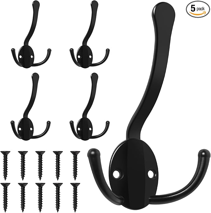 5 Pack Coat Hooks Heavy Duty, Metal Three Prongs Large Coat Hooks Wall Mounted by Homanu