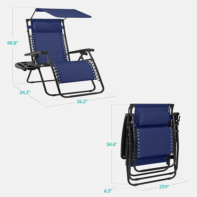 Best Choice Products 30” Wide Folding Zero Gravity Outdoor Recliner Patio Lounge Chair w/Adjustable Canopy Shade, Headrest, Side Accessory Tray - Navy Blue - Image 2