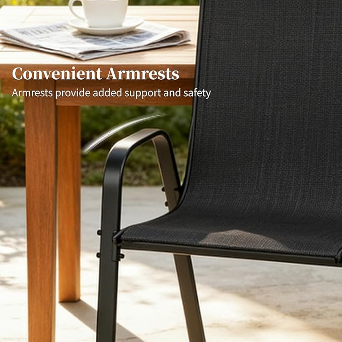 MAMIZO Patio Dining Chairs, Stackable All Weather Teslin Chair, Heavy Duty Outdoor Breathable Chairs Set, w/Armrests, Upgraded Chair FeetW/Strenthened Iron Spacers, 330 LBS (6, Black) - Image 8