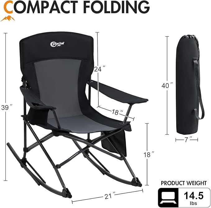 Portal Outdoor Rocking Chair Camping Folding Portable Rocker with Cup Holder Side Pocket Carry Bag, Support 350LBS (Black) - Image 2