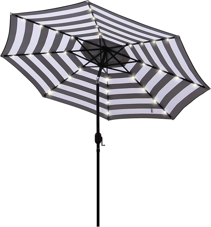 Blissun 9 ft Solar Umbrella 32 LED Lighted Patio Umbrella Table Market Umbrella with Tilt and Crank Outdoor Umbrella for Garden, Deck, Backyard, Pool and Beach (Black and White) by Blissun
