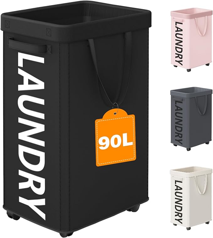 Laundry Basket with Wheels, 90L Rolling Laundry Hamper with Wheels, Large by Optish