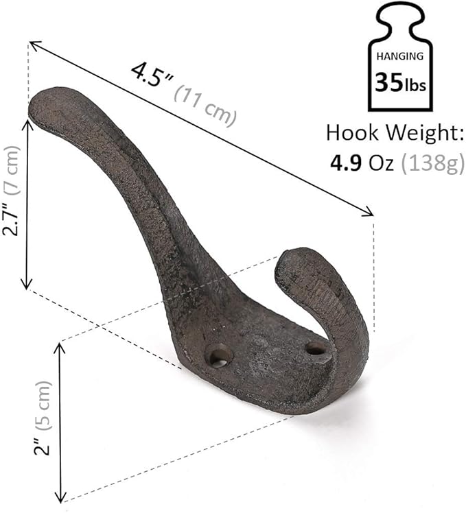 5 Pack Decorative Cast Iron Heavy Duty Double Hooks, Wall Mounted Coat Hooks - Image 3
