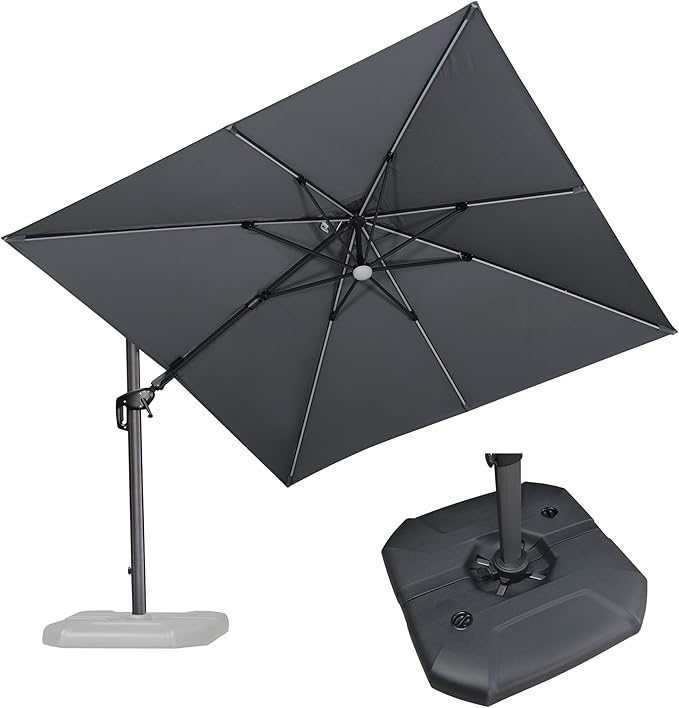 PURPLE LEAF 10 Feet Patio Umbrella with Base Outdoor Cantilever Solar Powered LED Swivel Square Umbrella Aluminum Offset Umbrella with 360-degree Rotation for Garden Deck Pool Patio Light Grey by PURPLELEAF