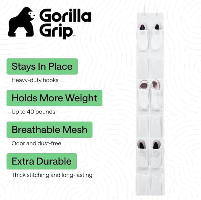 GORILLA GRIP Over the Door Shoe Organizer, 12 Large Breathable Mesh Pockets - Image 2