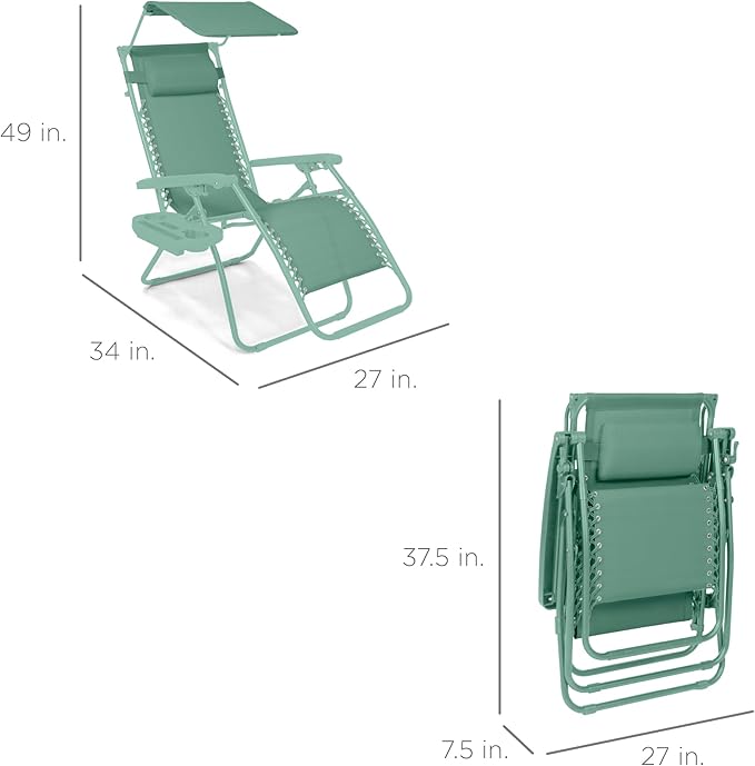 Best Choice Products Folding Zero Gravity Outdoor Recliner Patio Lounge Chair w/Adjustable Canopy Shade, Headrest, Side Accessory Tray, Textilene Mesh - Seafoam - Image 2