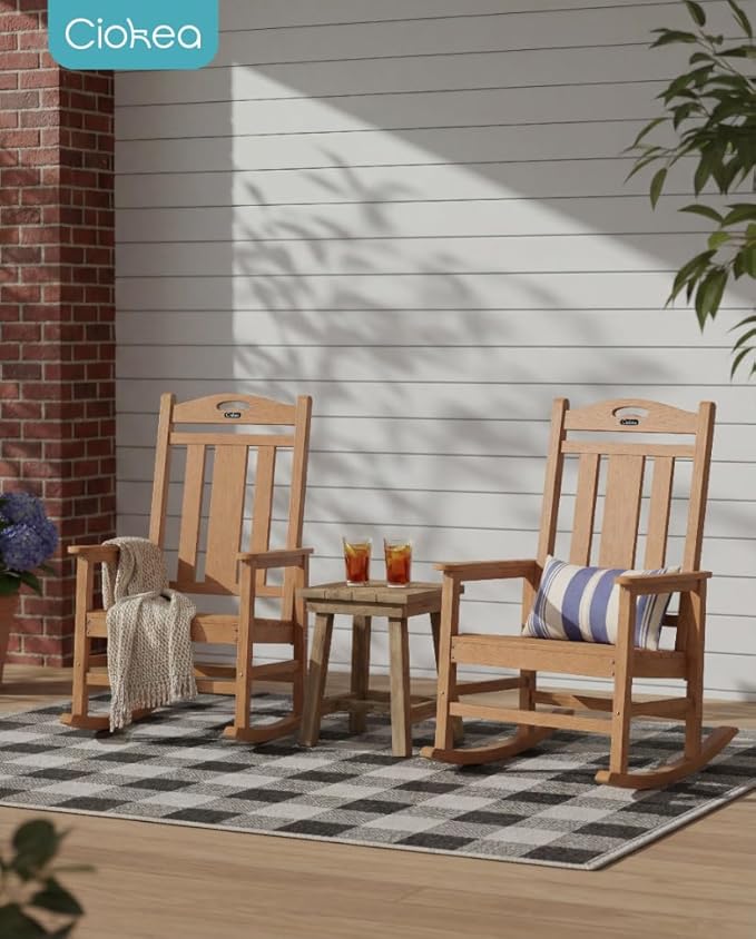 Ciokea Oversized Outdoor Rocking Chair, 380lbs Heavy-Duty Large Patio Rocker, Weather Resistant & Anti-Fade Porch Chair, High Back Cozy Rocking Chair for Outside, Fire Pit, Deck, Garden, Teak - Image 2