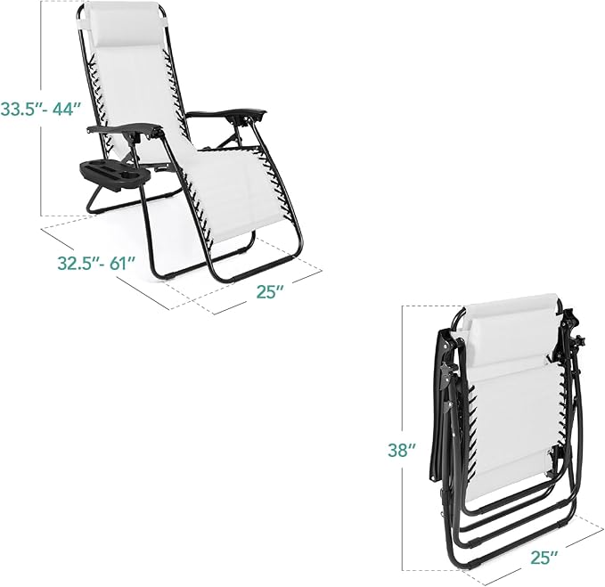 Best Choice Products Set of 2 Adjustable Steel Mesh Zero Gravity Lounge Chair Recliners w/Pillows and Cup Holder Trays - Snow/Black - Image 2