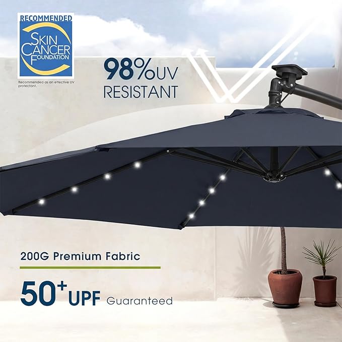 wikiwiki 10ft Solar LED Patio Umbrella with Base Included, Offset Umbrella with Weighted Sandbag Base, Cantilever Patio Umbrella for Backyard, Garden & Deck, 32 LED Lights & Polyester Shade, Navy Blue - Image 4