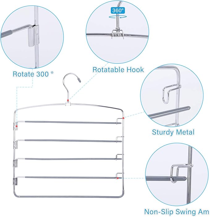 FeeraHozer Pants Hangers Space Saving 3 Pack No Slip 5 Layers Multi Functional - Image 3
