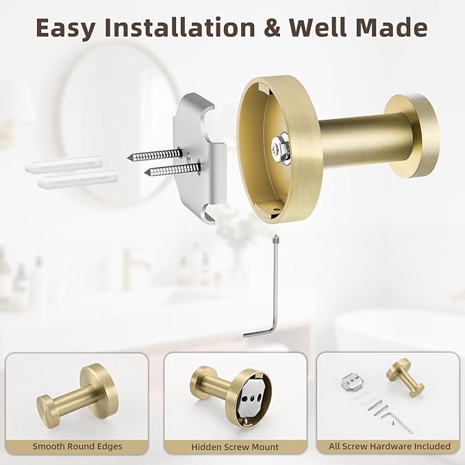 APLusee Brushed Gold Single Robe Wall Hook, 304 Stainless Steel Heavy Duty - Image 7