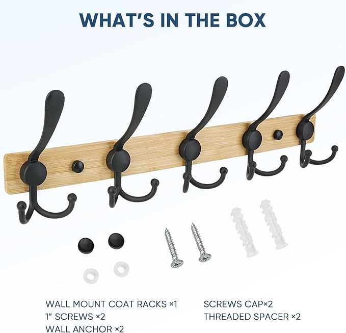 TICONN Wall Mounted Coat Rack, Five Heavy Duty Tri Hooks All Metal Construction - Image 5