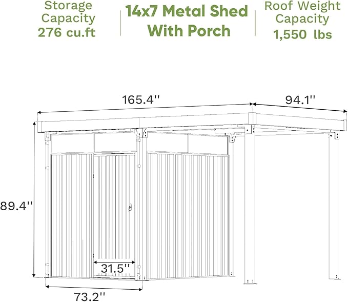 Patiowell 2-in-1 Outdoor Storage Shed, 7' x7' Galvanized Steel Metal Shed with 7' x 7' Porch Pergola Gazebo Outdoor Studio Open-Sided Firewood Shed for Backyard Patio Garden Lawn - Image 4