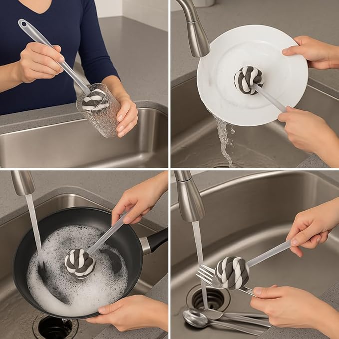 Glass Sponge Dish Brush with Handle – 11.5" Puff Head Kitchen Cleaning Brush - Image 3