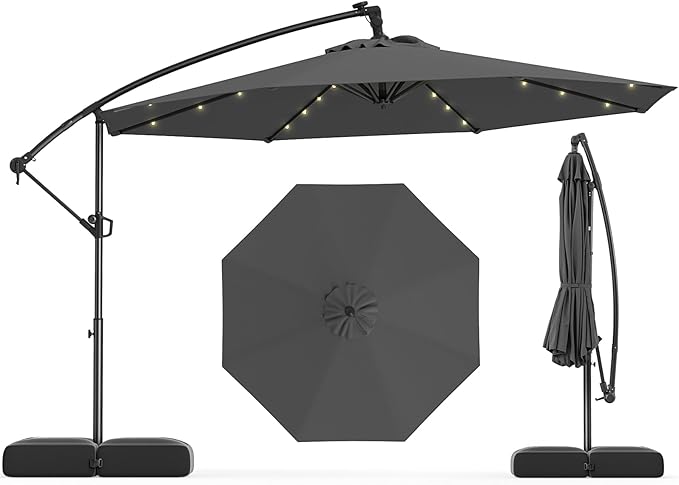Tangkula 10ft Solar LED Patio Umbrella with Base, Offset Cantilever Outdoor Umbrella with 32 LED Lights, Infinite Tilt, 360 Degree Rotation, Crank Handle for Pool Deck Garden Backyard (Gray) by TANGKULA