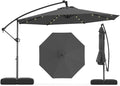Tangkula 10ft Solar LED Patio Umbrella with Base, Offset Cantilever Outdoor Umbrella with 32 LED Lights, Infinite Tilt, 360 Degree Rotation, Crank Handle for Pool Deck Garden Backyard (Gray) by TANGKULA