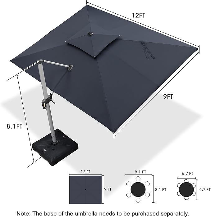 PURPLE LEAF 9' X 12' Patio Umbrella Outdoor Rectangle Umbrella Large Cantilever Umbrella Windproof Offset Heavy Duty Sun for Garden Deck Pool Patio, Grey - Image 8
