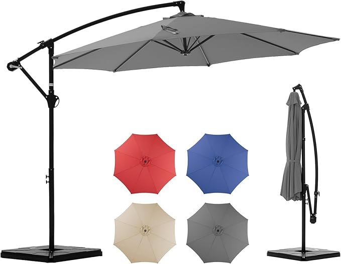 OLIXIS 9.7FT Offset Patio Umbrella with Base, Cantilever Table Umbrellas for Outdoor Sun Shade UV Protection with Easy Tilt Adjustment, 8 Ribs for Backyard, Lawn, Garden, Pool - Grey by OLIXIS