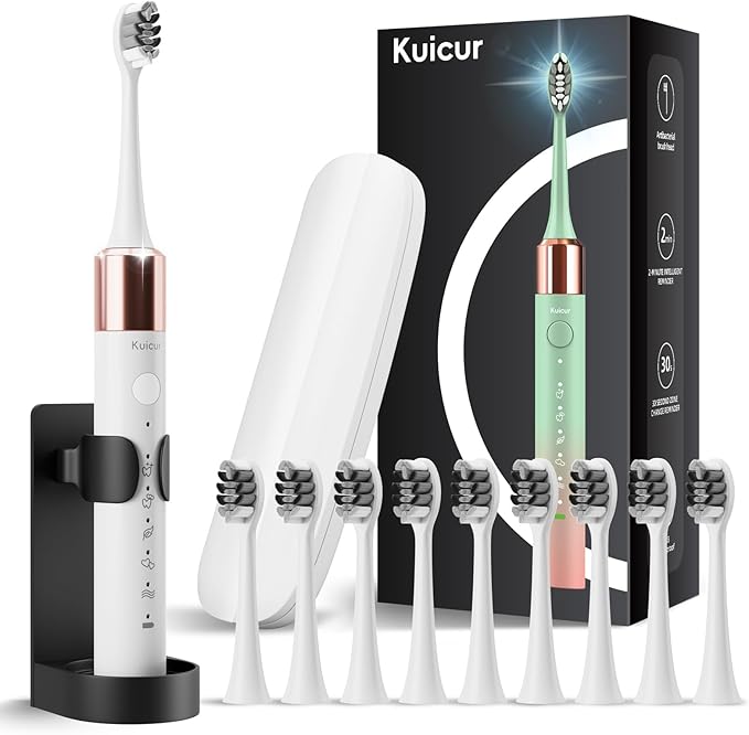 Electric Toothbrush, 10 Brush Heads & Travel Case, 000 VPM Electric Motor & USB by Kuicur