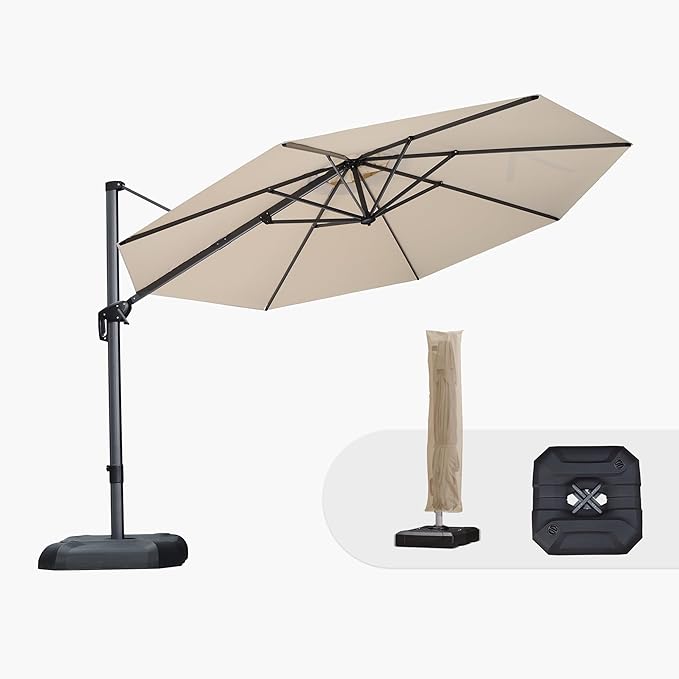 PURPLE LEAF 11 Feet Patio Umbrella with Base and Cover Round Outdoor Cantilever Umbrella Aluminum Offset Umbrella with 360-degree Rotation for Garden Deck Pool Patio Beige by PURPLELEAF