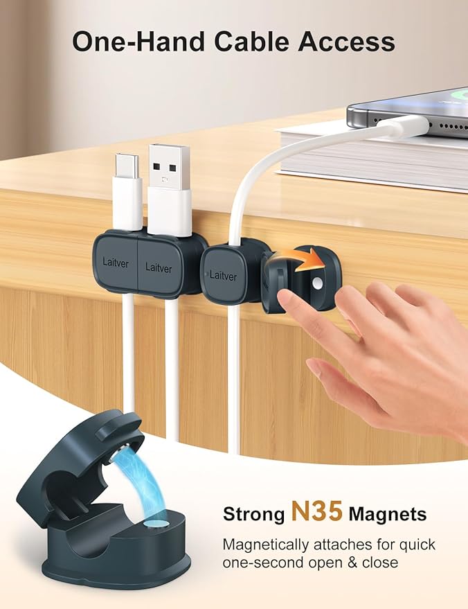 6 Pack Magnetic Cable Clips, Laitver Cord Organizer Holder Strong Adhesive Desk - Image 4