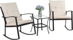 Vongrasig 3 Piece Outdoor Rocking Chair Set, PE Wicker Rattan Small Bistro Set, Front Porch Furniture Rocking Chairs Set of 2, Cushioned Patio Rocker Chair Set with Glass Table (Beige) by Vongrasig