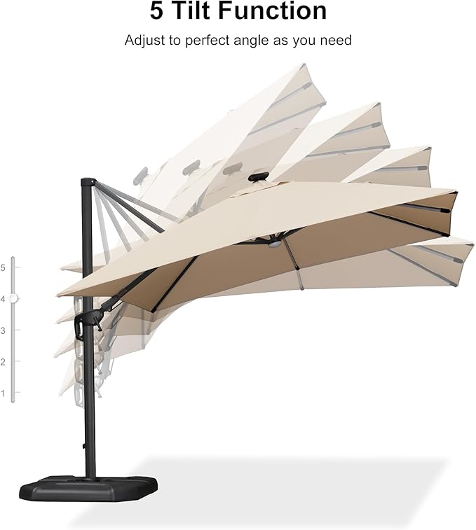 PURPLE LEAF 10 Feet Patio Umbrella with Base Outdoor Cantilever Solar Powered LED Swivel Square Umbrella Aluminum Offset Umbrella with 360-degree Rotation for Garden Deck Pool Patio, Beige - Image 9