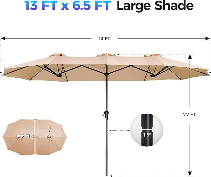SUPERJARE 13FT Outdoor Umbrella for Patio, Double sided Pool Umbrellas with Fade Resistant Canopy, Large Table Umbrella for Deck, Market, Backyard - Beige - Image 7