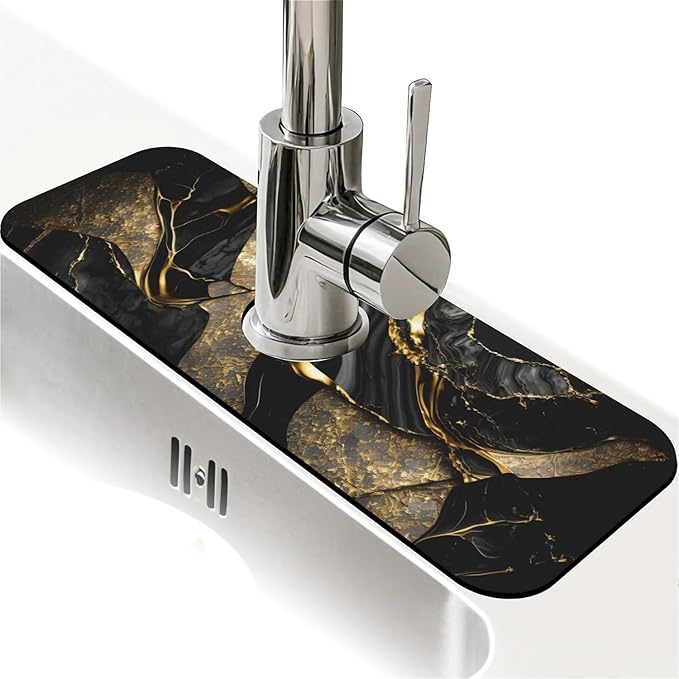 Kitchen Sink Splash Guard，Black and metallic gold marble Faucet Mat Sink by ZHUZHISHAN