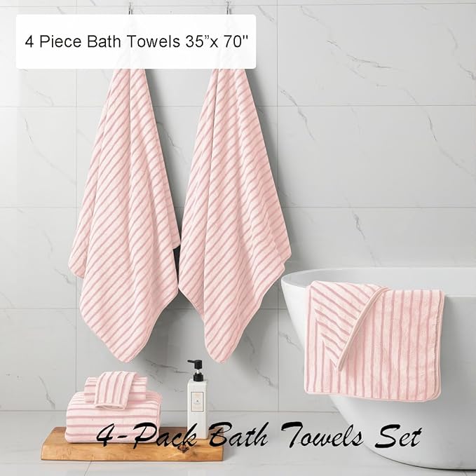4 Piece Pink Cabana Stripe Large Bath Towels 35"x70" Oversized Bath Sheet Super - Image 3