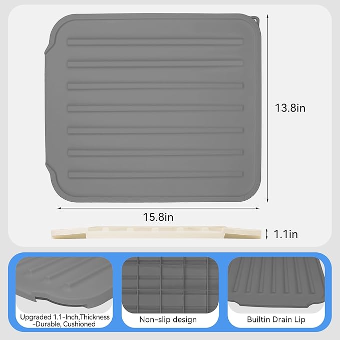 Silicone Dish Drying Mat for Kitchen Counter, Upgraded Extra Thick 1.1” - Image 3