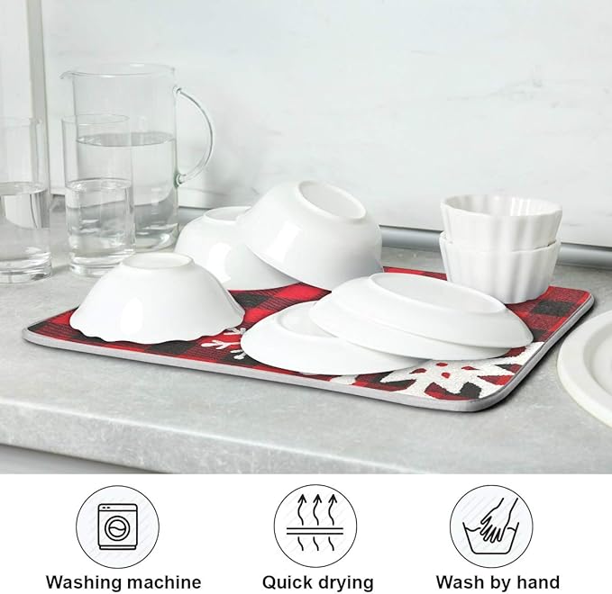 Christmas Red Plaid Snow Snowflake Dish Drying Mat 18x24 inch Red Black Lattice - Image 7
