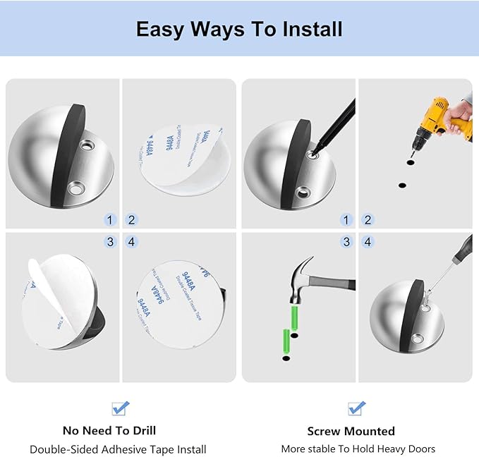 2 Pack Door Stoppers, Adhesive Floor Door Stops No Drill Stainless Steel Door - Image 7